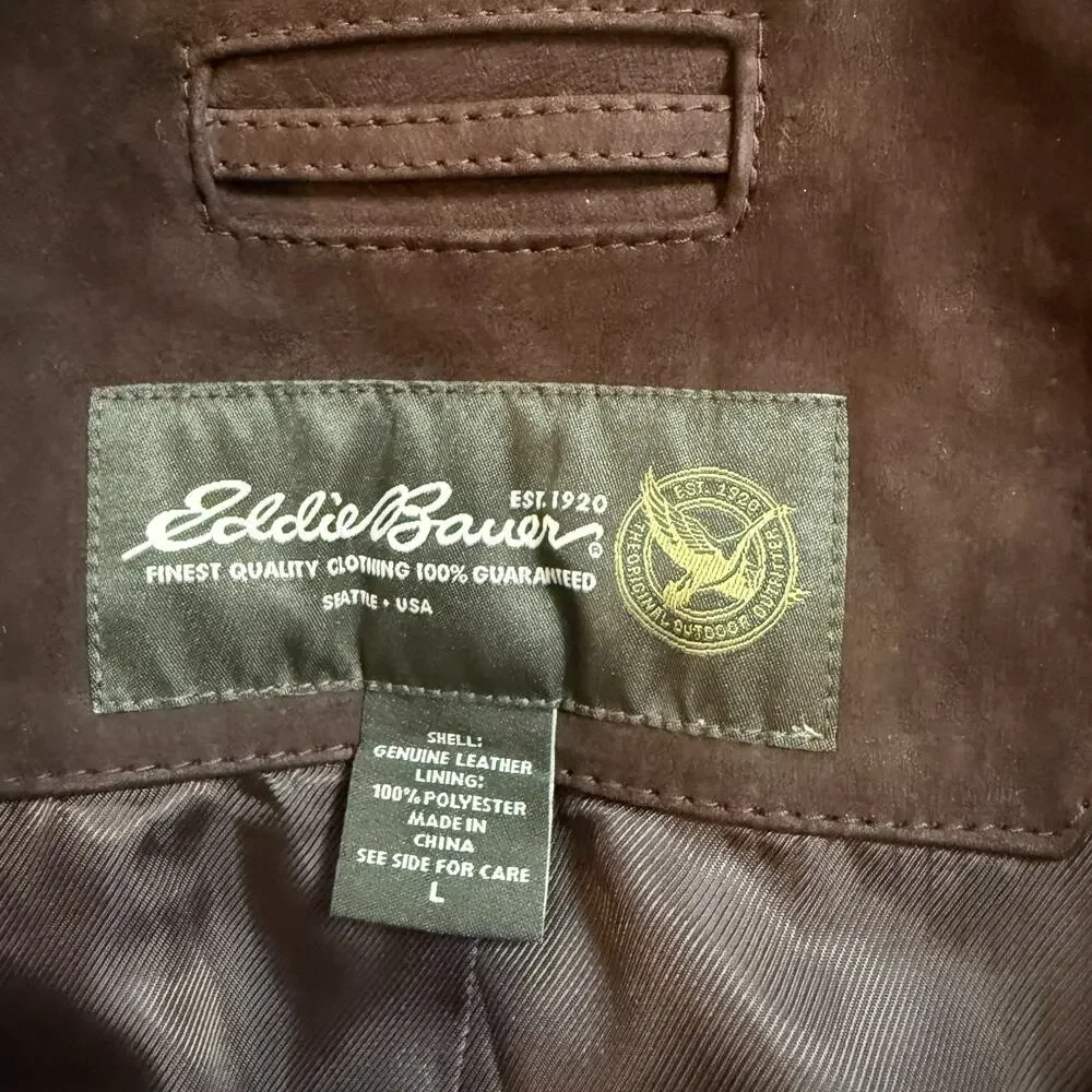 Eddie Bauer Genuine Nubuck Leather Jacket Brown Full Zip Men's L